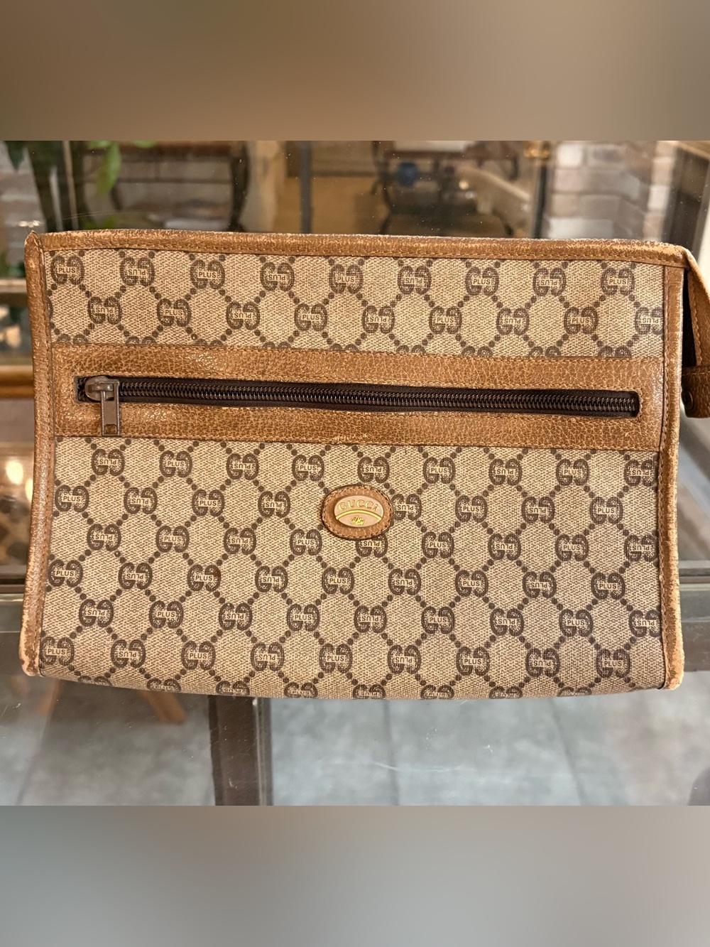 Vintage Gucci Plus Beige Monogram Canvas Toiletry Clutch with Brown Trim